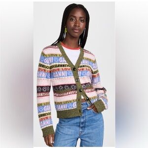 Ganni Multicolor Jacquard Logo Knit Cardigan with Olive Trim